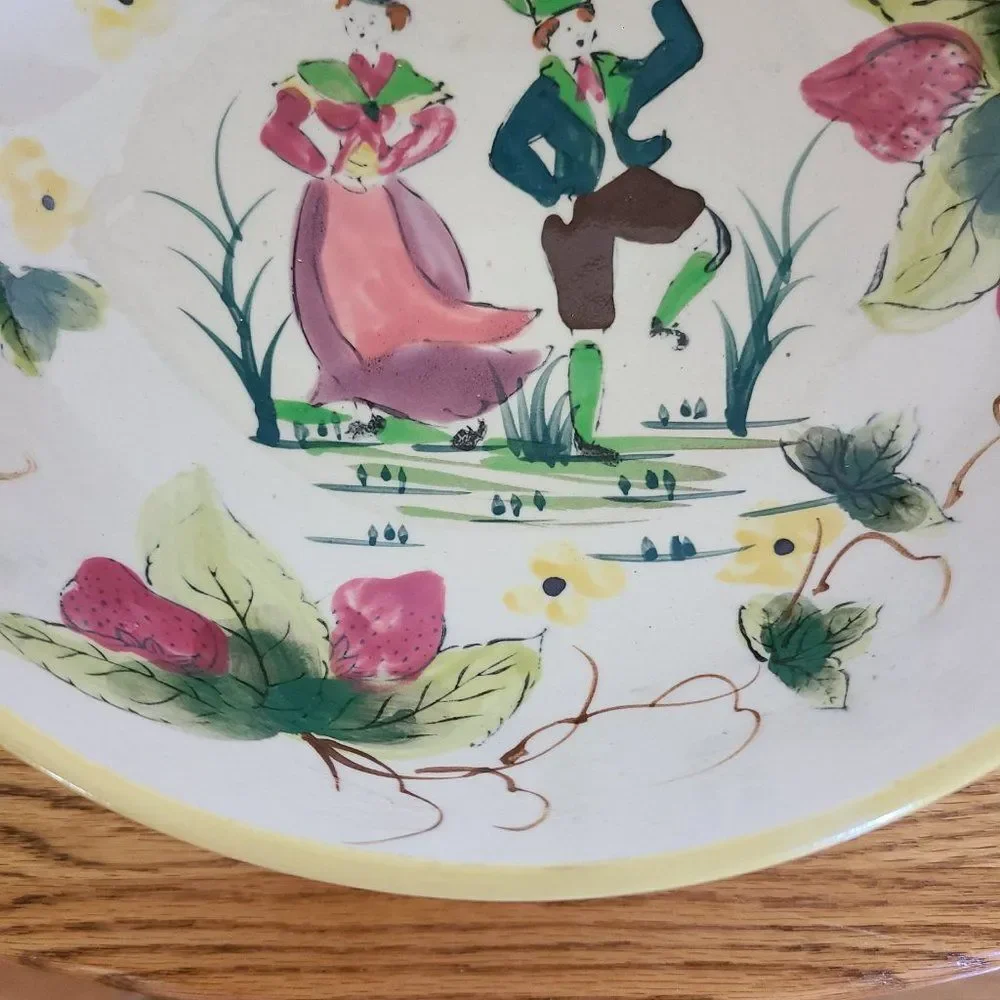 Vintage European Folk Art Handpainted Bowl - Dancing Man and Woman, Strawberries